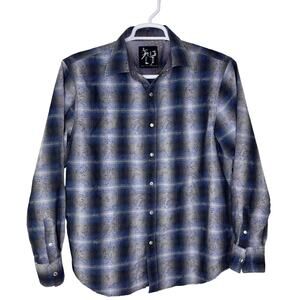 Age of Wisdom Men's Large Pearl Snap Long Sleeve Blue Black Western Cowboy‎ EUC
